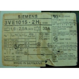 Siemens 3VE1015 2H Motor Starter - Model: 3VE1015 2H