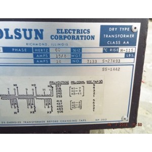 OLSUN ELECTRICS TRANSFORMER TYPE AA 7133-S-S27493 6 KV 230/460HV