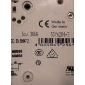 Siemens 5SY6204-7 Circuit Breaker: 4A, 10kA Breaking Capacity