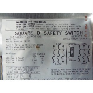 SQUARE D H361DS SWITCH FUSIBLE HD 30A 3P STAINLESS