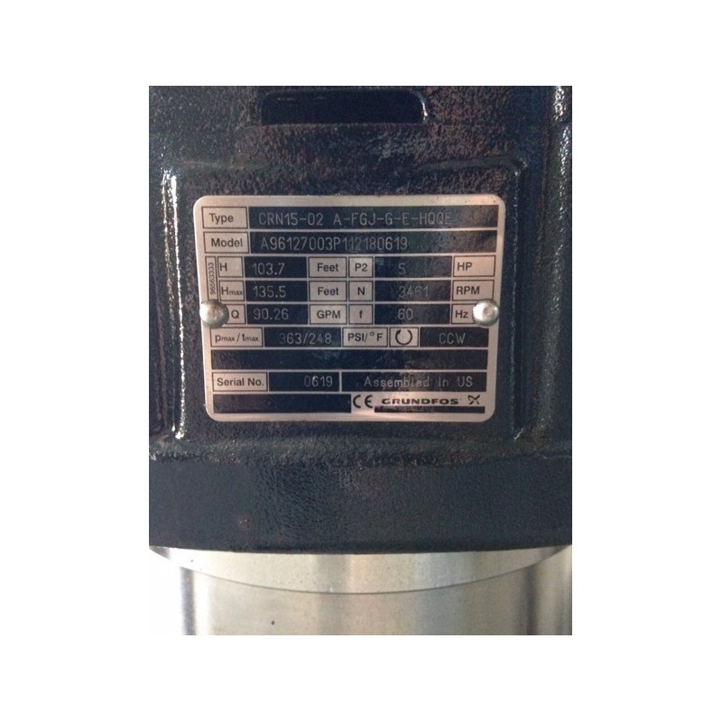 GRUNDFOS VERTICAL PUMP TYPE CRN15-02 A-FGJ-G-E-HQQE 5HP GRUNDFOS VERTICAL PUMP TYPE CRN15-02 A-FGJ-G-E-HQQE 5HP